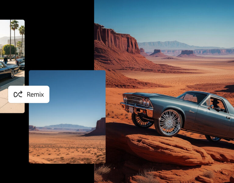 A classic blue car with large customised wheels drives off-road in a red desert landscape, powered by Adobe services and AI-powered innovations, with smaller city and south-west desert scenes and a Remix button overlay.