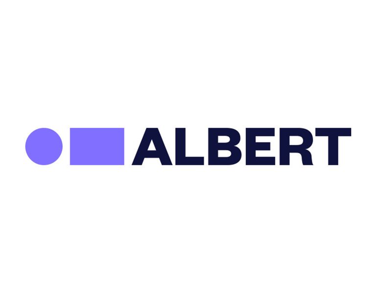 The image shows a logo with a purple circle and square followed by the word ALBERT in bold, dark blue capital letters on a white background, highlighting its partnership with Sustainable Screens Australia.