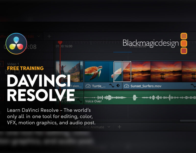 A promotional graphic for DaVinci Resolve free training by Blackmagic Design. The background features a video editing timeline, whilst text highlights DaVinci Resolve as an all-in-one editing, VFX, graphics, and audio tool in exclusive training webinars.