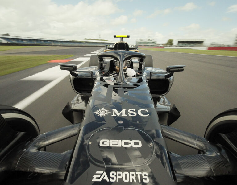 A Formula 1 car head on