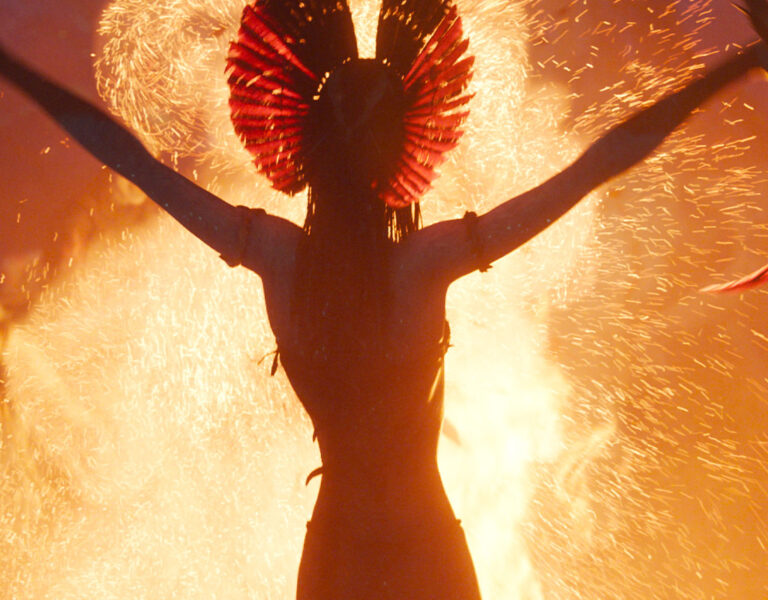 A silhouetted figure stands with arms raised, holding curved weapons, before a roaring fire—an intense scene inspired by Avatar: Fire and Ash. Sparks swirl around the tall, spiked headdress in a dramatic Russell Carpenter–style orange glow.