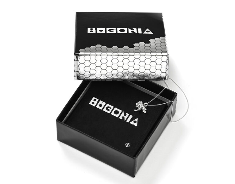 Bugonia bee necklace in a box