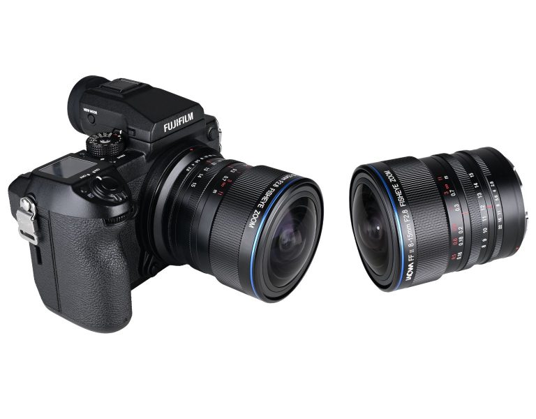 A Laowa camera and lens on a white background