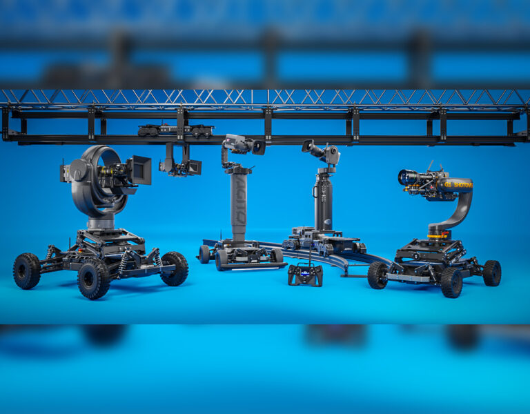 Camera equipment lined up against a blue background