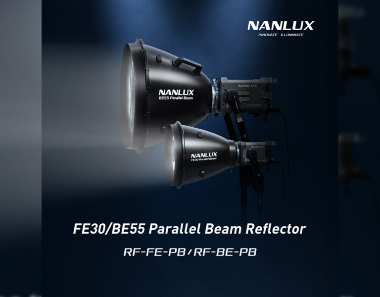 Two large Nanlux FE30 and BE55 parallel beam reflectors are mounted on stands against a dark background, projecting bright beams that highlight their lighting efficiency. Text labels display the product names and model numbers.