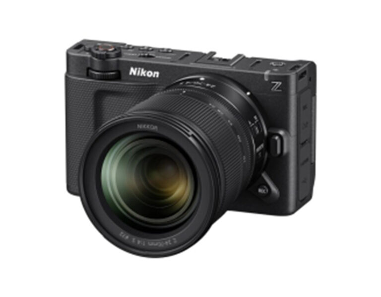 A Nikon camera on a white background