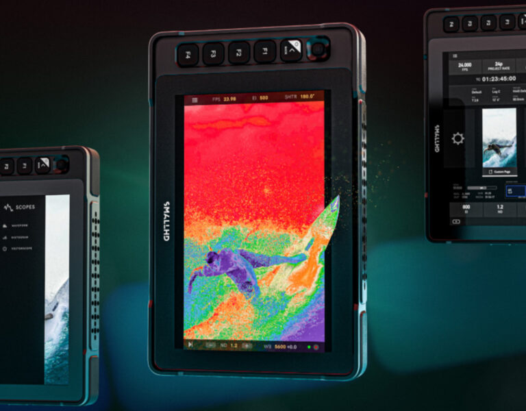 three screens on a grey background