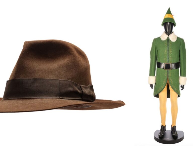 Indiana Jones' fedora and the Elf hero costume on a white background