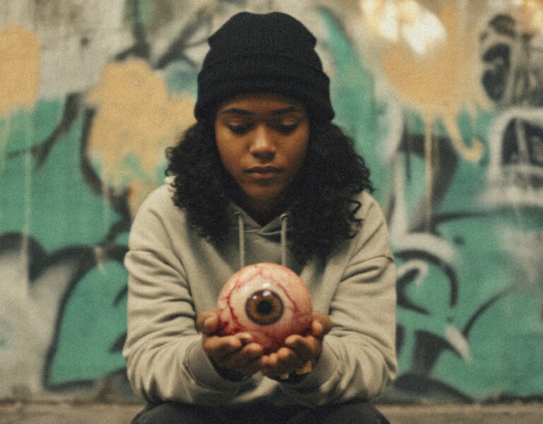 A woman holding a large eyeball
