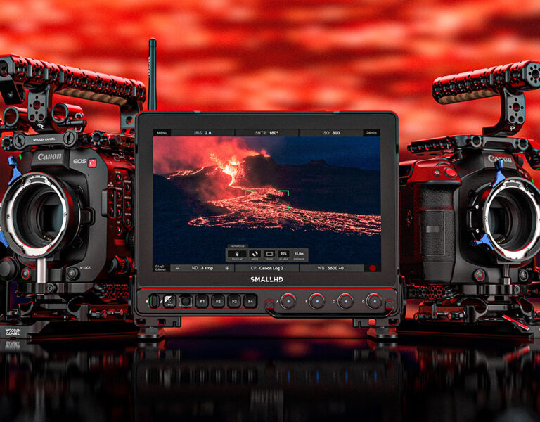 Canon cinema cameras on a red background