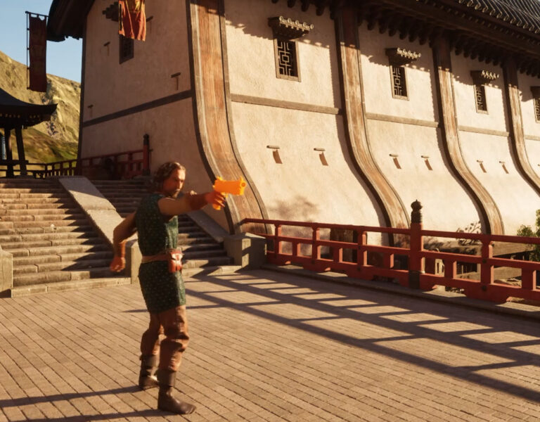 A person in mediaeval-style clothing stands on a sunlit stone bridge with red railings, holding an orange object. The lifelike worlds created with Unreal Engine 5.7 make the traditional Asian building ahead strikingly realistic for game development.