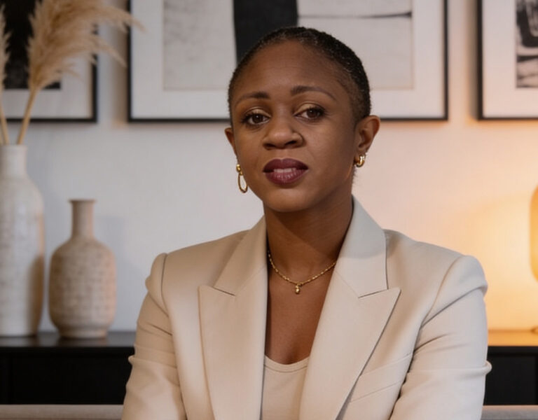 Dr Clare Anyiam-Osigwe sat in a cream suit