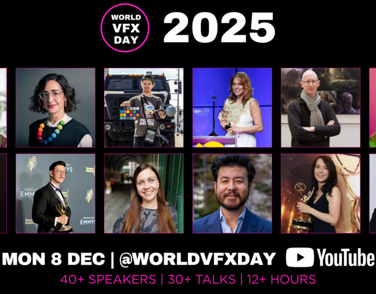 A promotional image for World VFX Day 2025 spotlights headshots of twelve speakers, event date (Mon 8 Dec), @WORLDVFXDAY, YouTube logo, and 2025 programme highlights including featured speakers, talks, and duration details.
