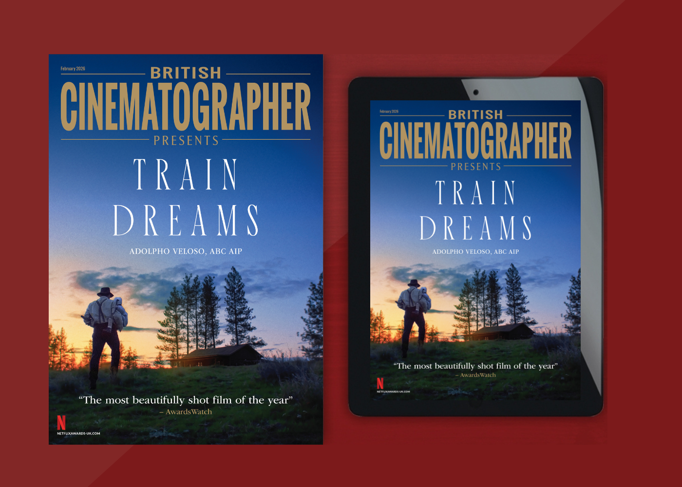 Two covers of British Cinematographer with a Train Dreams cover